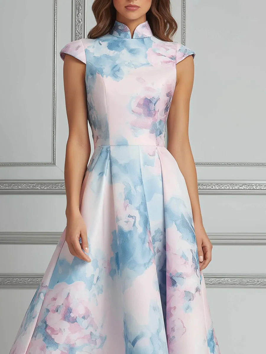 Cheongsam Collar Midi Dress With Watercolor Floral Print
