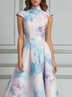 Cheongsam Collar Midi Dress With Watercolor Floral Print