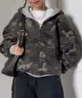 Camo Waffle Knit Zip Up Cropped Hooded Jacket