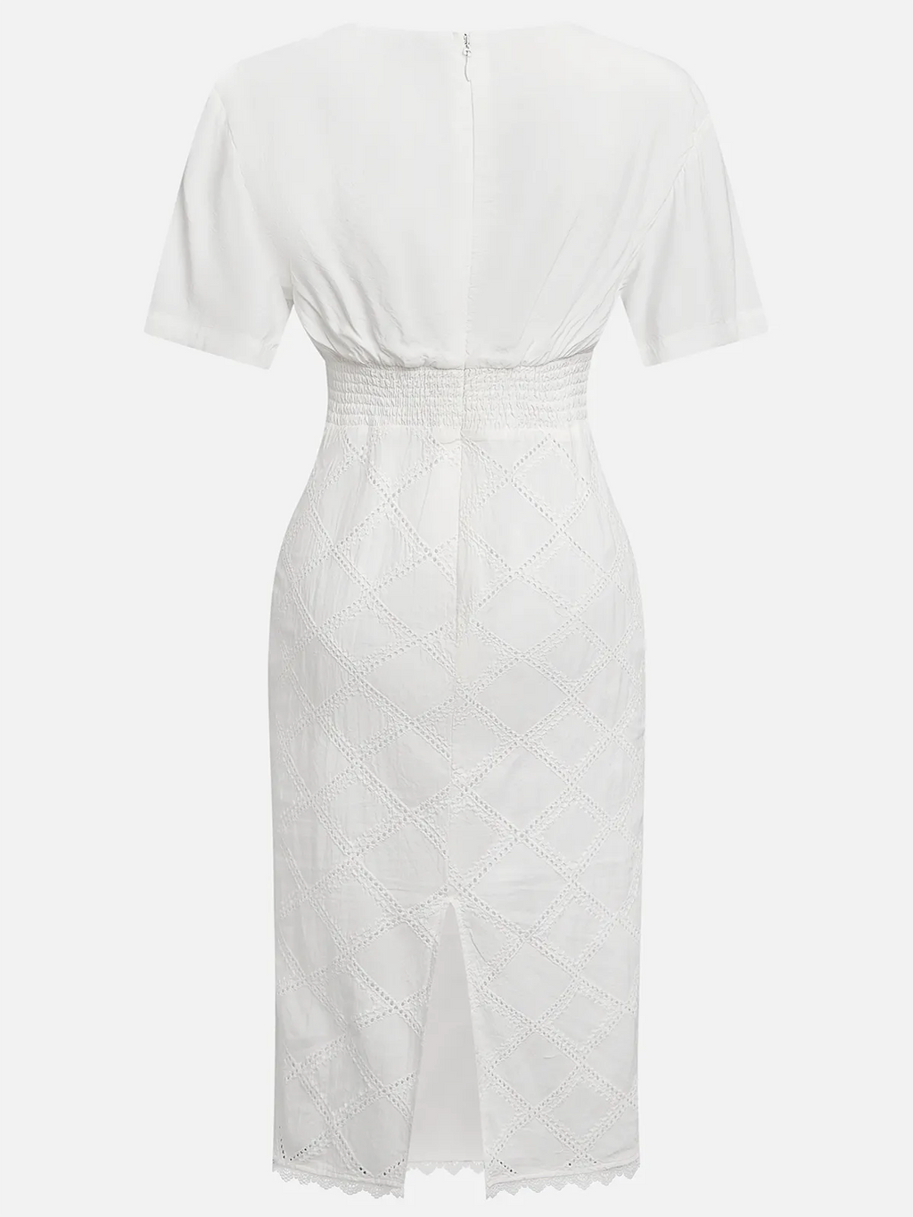 White Hollow Out Plaid Classic V Neck Short Sleeve Sheath Midi Dress