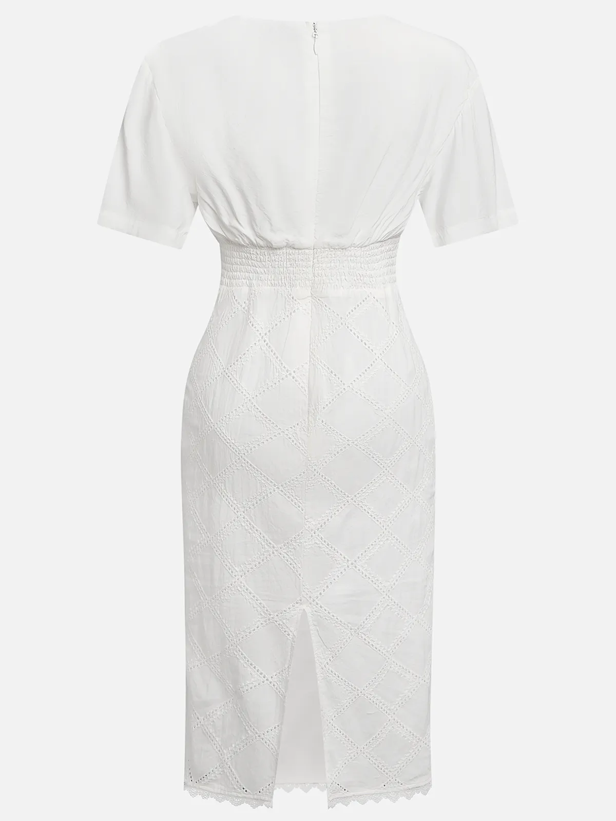 White Hollow Out Plaid Classic V Neck Short Sleeve Sheath Midi Dress