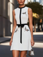 Chic White Sleeveless Dress With Embroidered Flowers And Bow Detail
