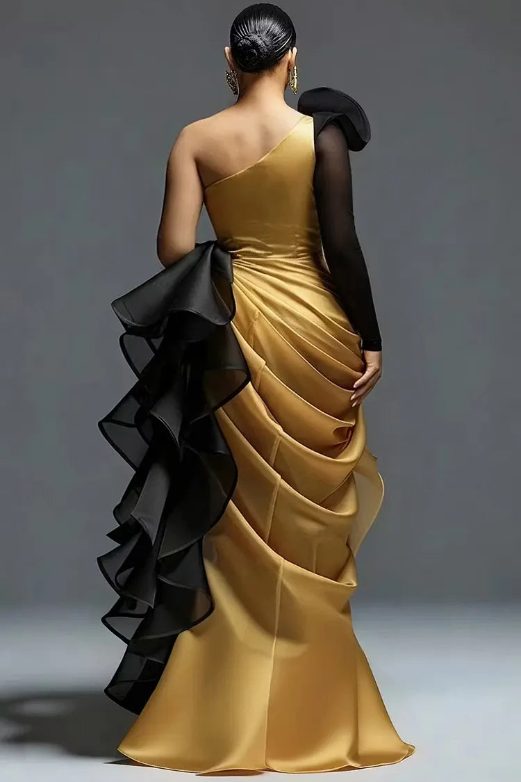 Red Black Two‑Tone Ruffle Formal Maxi Dress