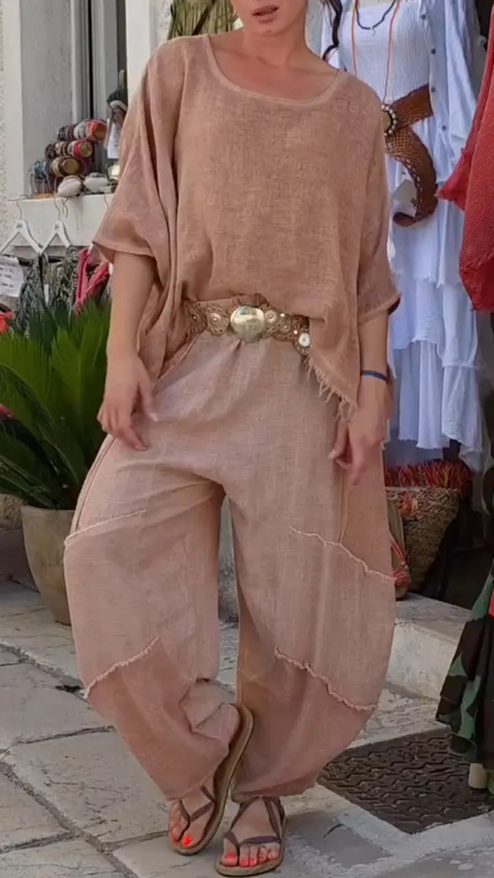 Mauve Frayed Linen Two Piece Set