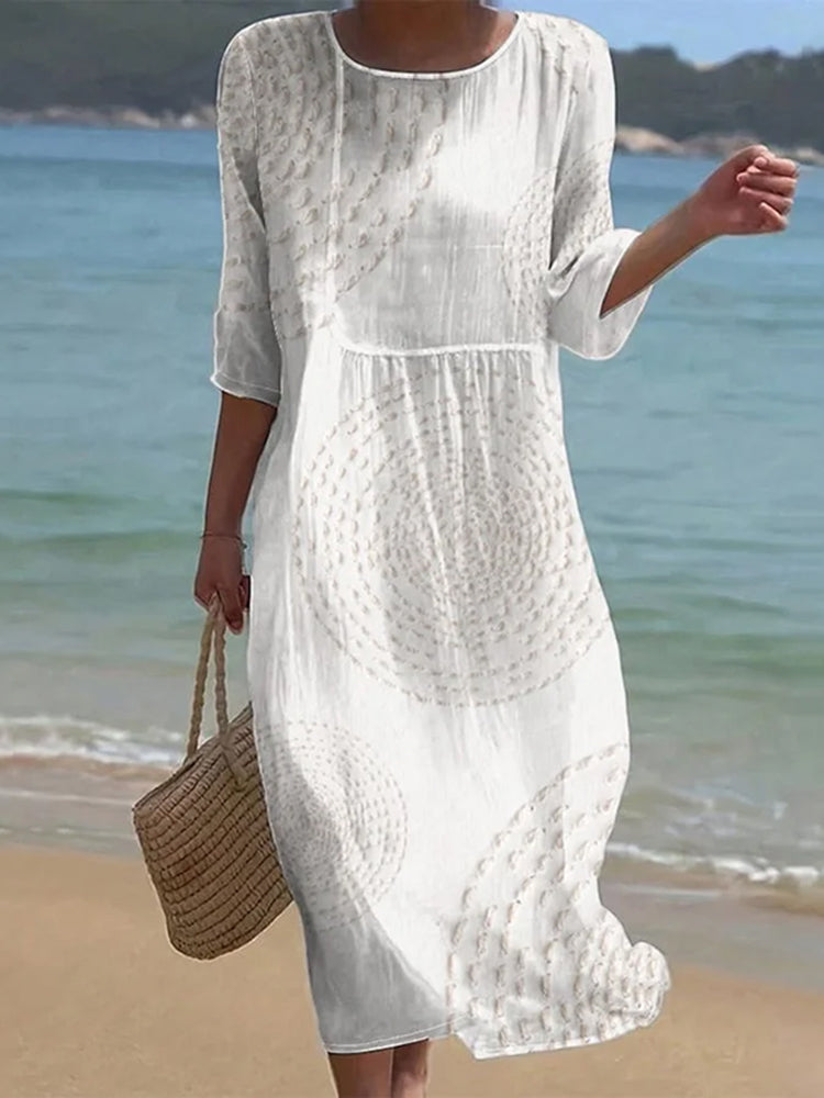 Vintage Patchwork Art Pattern Linen Blend Loose Three-quarter Sleeve Dress