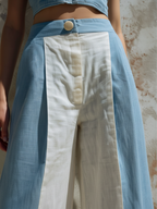 Blue & White Colorblock Linen Wide Leg Pants