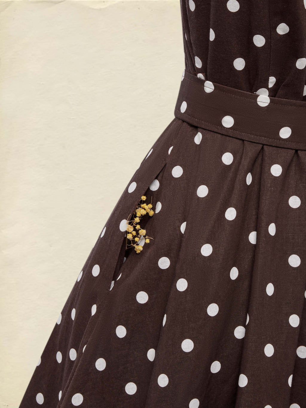 Midi Cotton Dress , Sleeveless, Shawl Collar, Polka Dots, Button Design, French Vintage, Coffee
