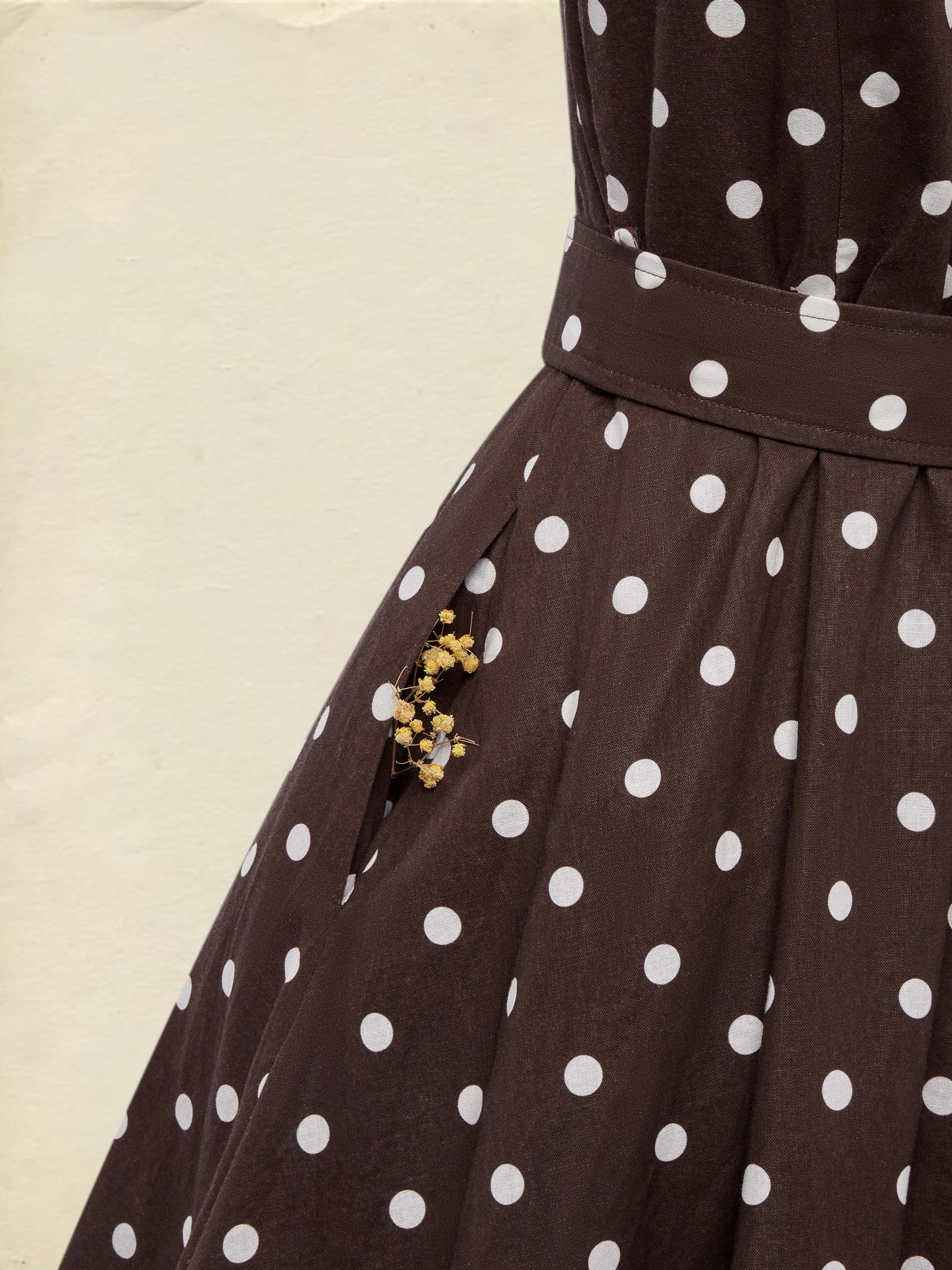 Midi Cotton Dress , Sleeveless, Shawl Collar, Polka Dots, Button Design, French Vintage, Coffee