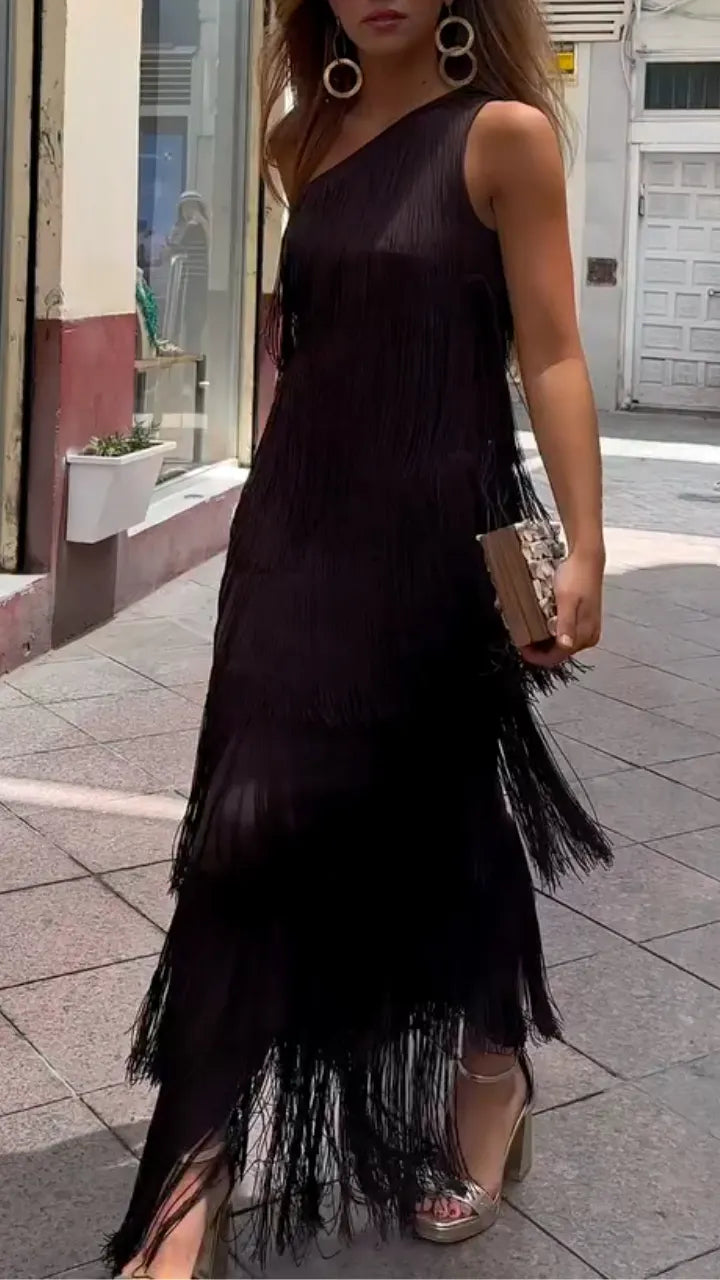One Shoulder Fringe Midi Tassel Dress