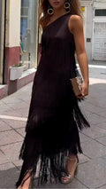 One Shoulder Fringe Midi Tassel Dress