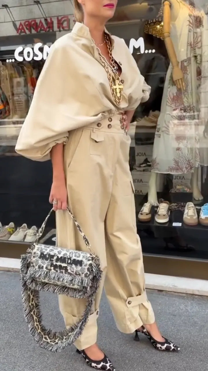 Beige Oversized Shirt High Waist Cargo Pants Two Piece Set
