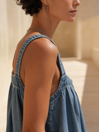 Oversized Lightweight Denim Jumpsuit - Sleeveless Wide-Leg Romper With Frayed Hem