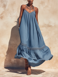 Halter Neck Flowy Maxi Dress With Crochet Trim & Pockets