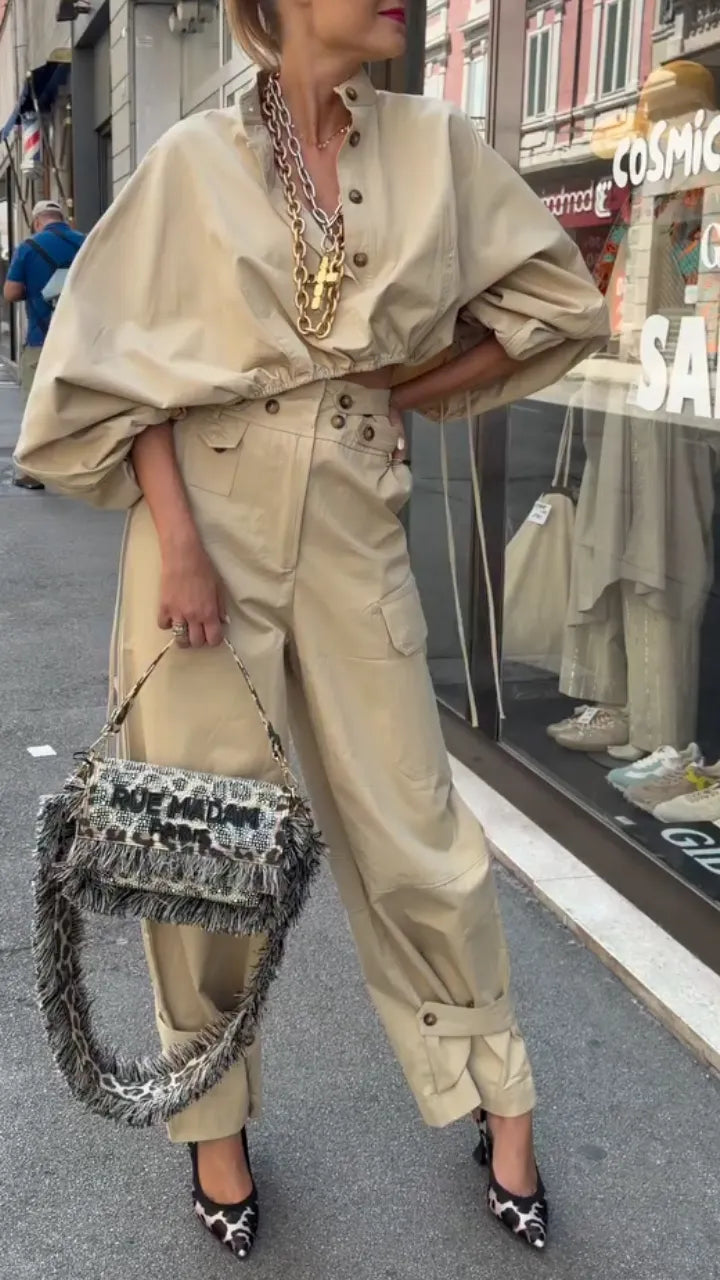 Beige Oversized Shirt High Waist Cargo Pants Two Piece Set