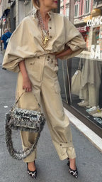 Beige Oversized Shirt High Waist Cargo Pants Two Piece Set