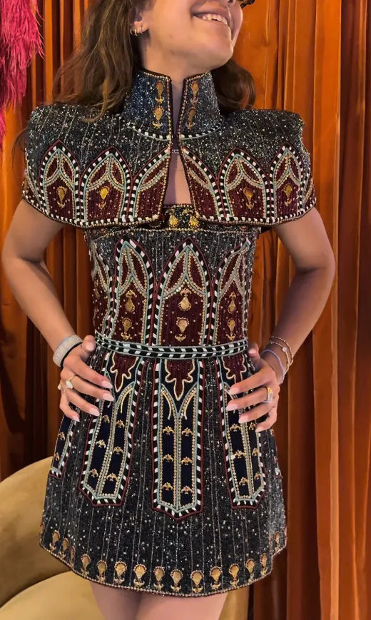 Embellished Cape-Shoulder Mini Dress