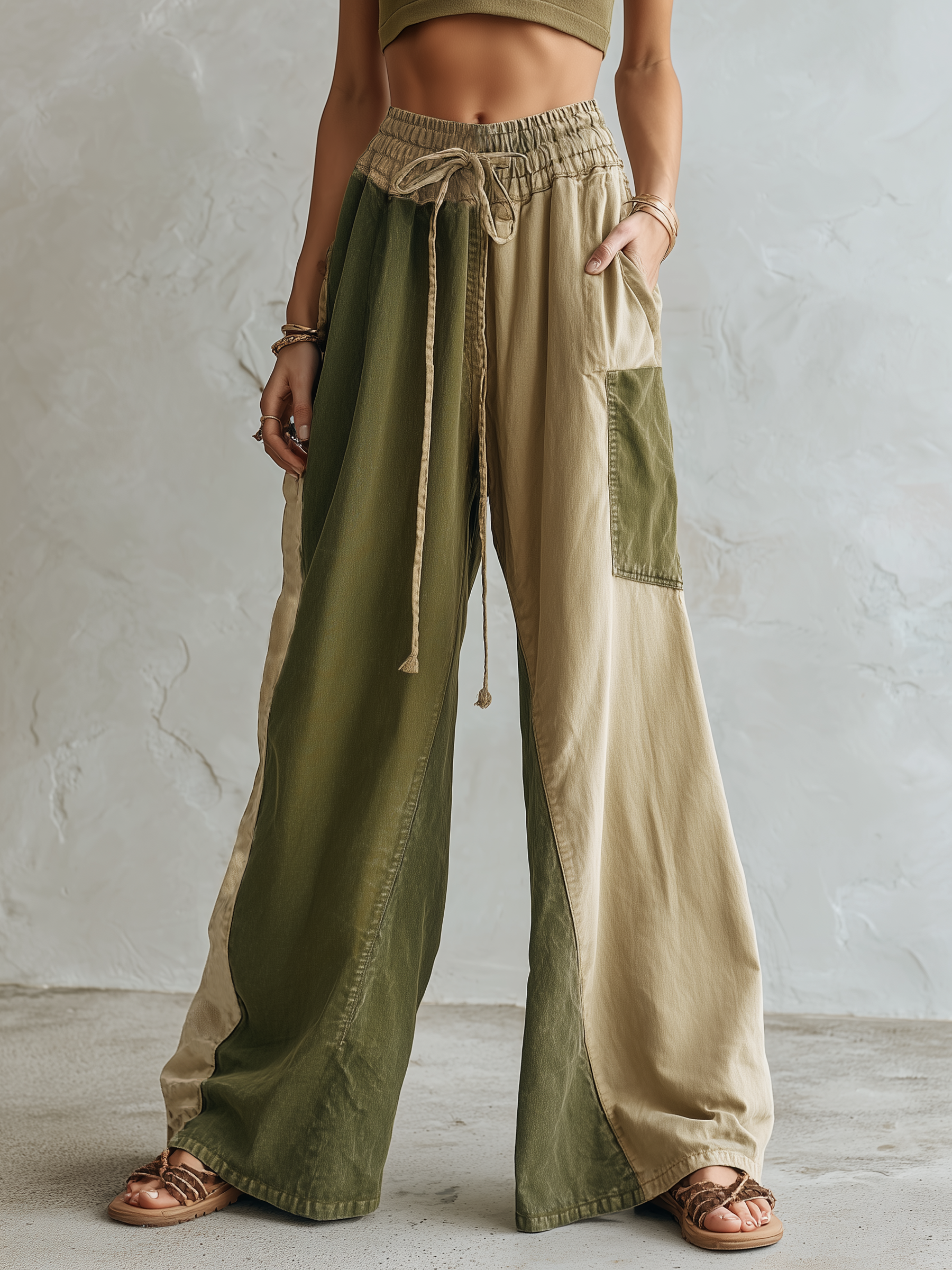 Vintage Color-Block Denim Wide-Leg Pants