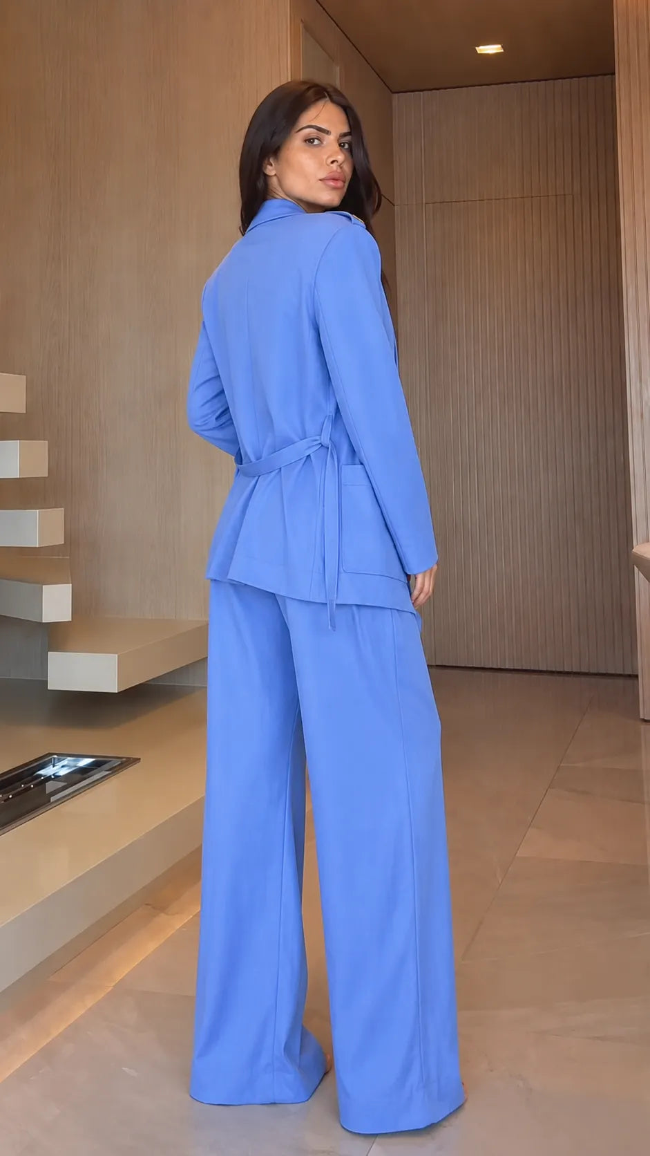 Blazer & Elastic‐Waist Wide Leg Pants Suit