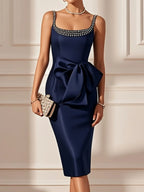 Purplish Blue Hotfix Embellished Bow Satin Square Neck Sleeveless Sheath Midi Dress