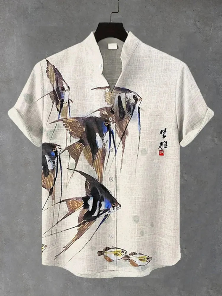 Men's Elegant Schools Of Fish Ink Art Print Short Sleeve Shirt