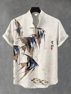 Men's Elegant Schools Of Fish Ink Art Print Short Sleeve Shirt