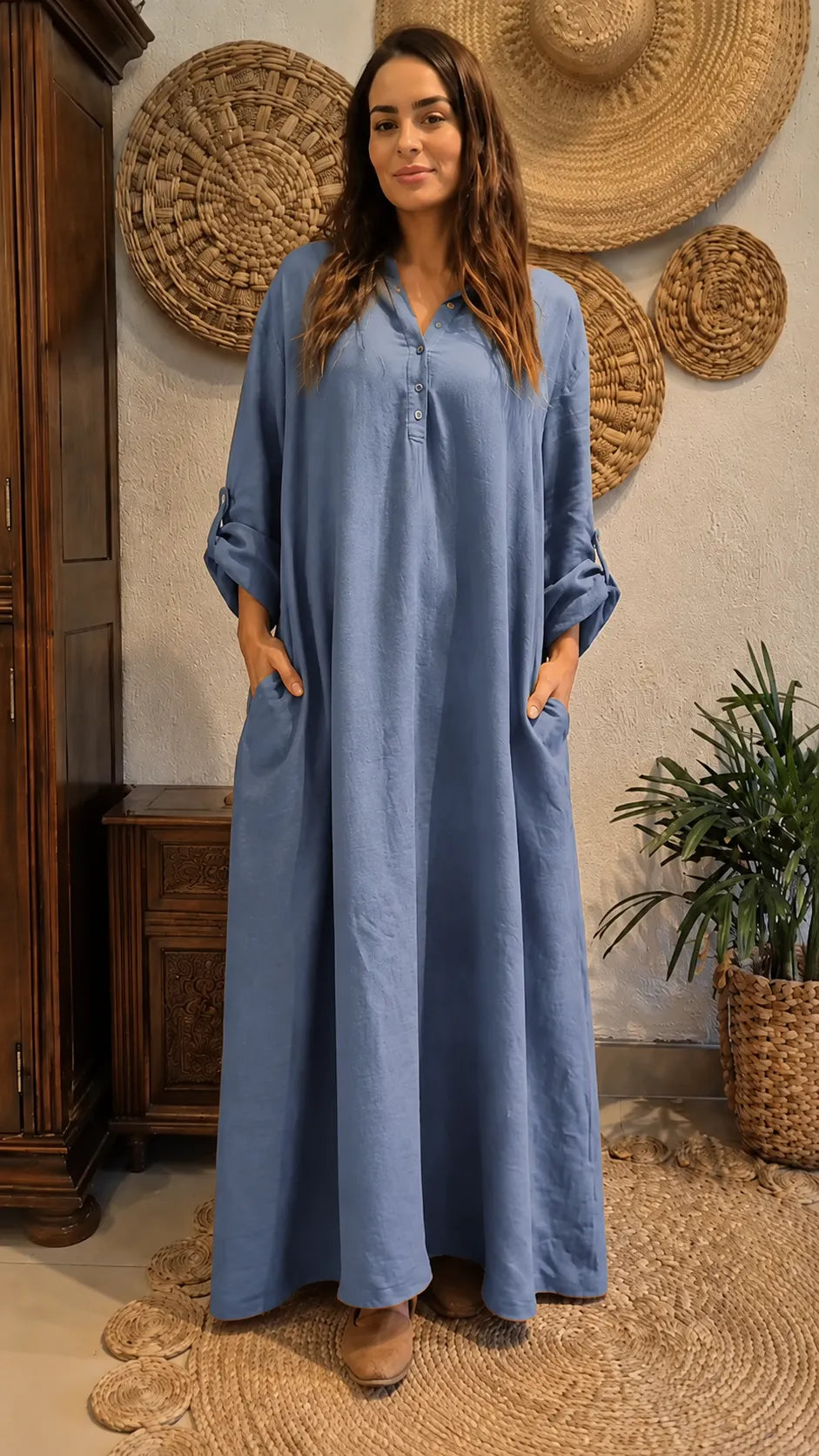 Terracotta Long Linen Cover-Up Dress