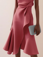 Pink Asymmetric Ruffled Classic Boat Neck Sleeveless A-Line Midi Dress