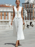 Elegant  V-Neck Gold Button Vest & Flowy Wide Leg Pants Two-Piece Set
