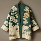 Retro Japanese Dragon With Auspicious Clouds Art Print Cotton And Linen Blend Kimono Cardigan