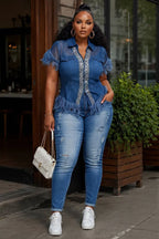 Plus Size Denim Fringe Rhinestone Top