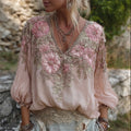 Vintage Pink Floral Glitter Beaded Flowy Linen Tunic