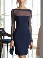 Elegant Navy Blue Fitted Dress with Mesh Sleeves