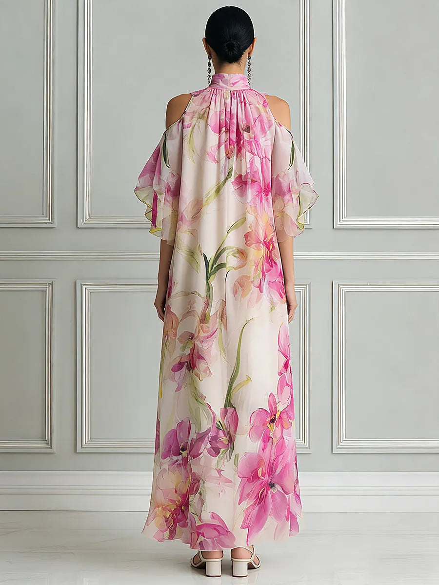 Floral Watercolor High-Neck Cold-Shoulder Maxi Dress