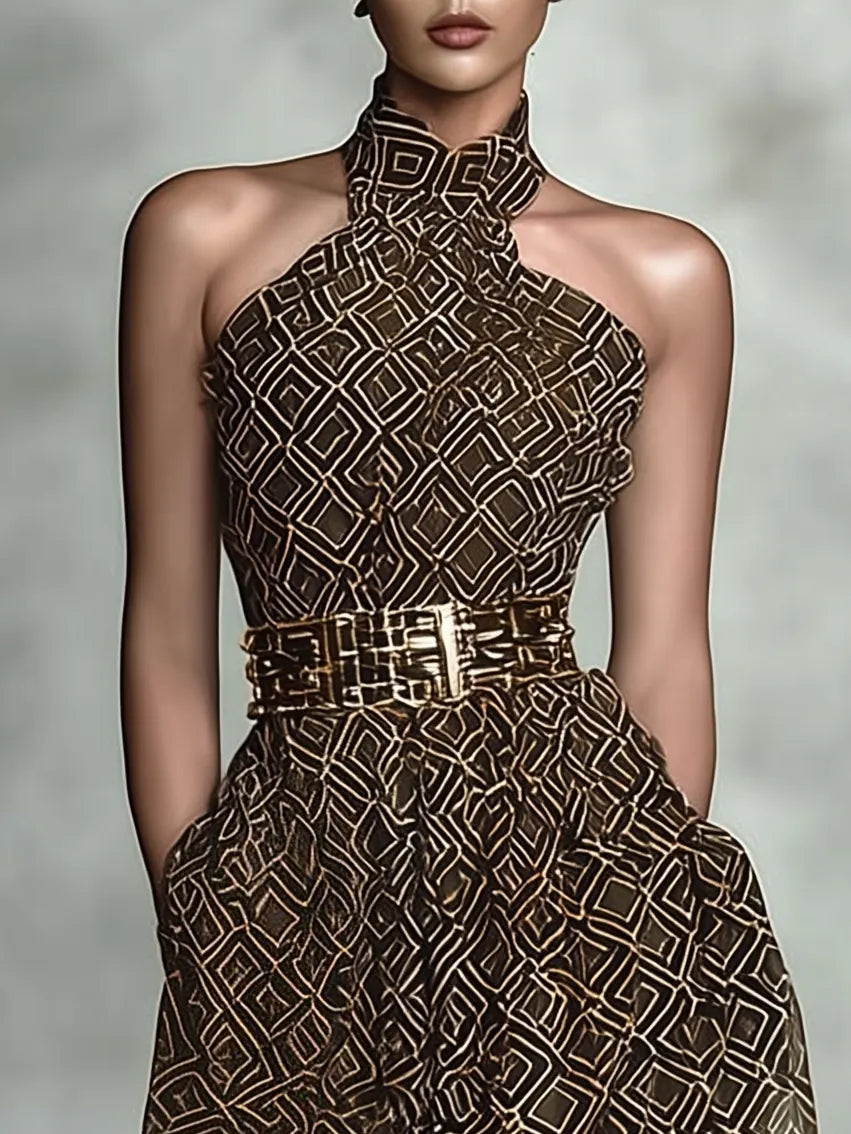 Brown Slit Classic Halter Sleeveless A-Line Maxi Dress