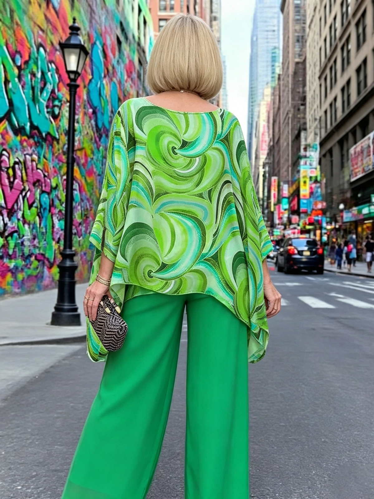 Vibrant Swirl Print Chiffon 2‐Piece Outfit, Loose Boat Neck Tunic Top & Bright Wide‐Leg Pants Set for Women