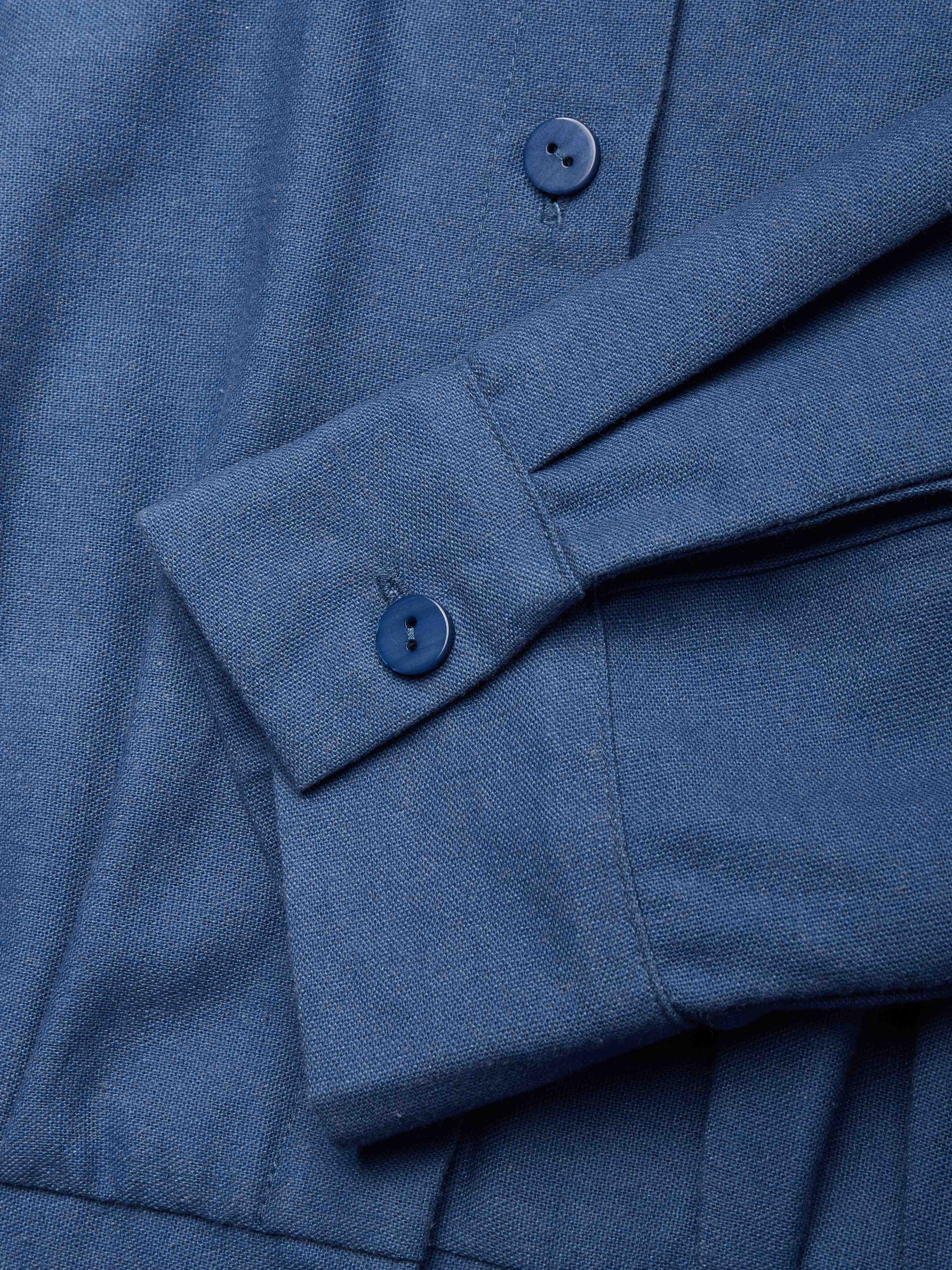 Midi Linen Dress, Half Sleeves, Shawl Collar, Plain, Button Design, Vintage, Dark_blue
