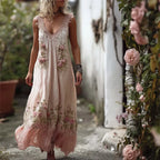 Boho Pink Roses Lace Ruffle Bottom Flowy Linen Maxi Dress