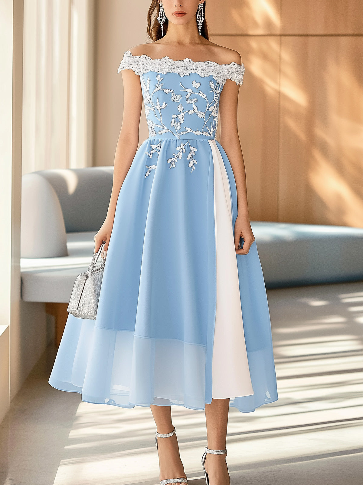 Elegant Blue Off-the-Shoulder Chiffon Dress with Embroidery