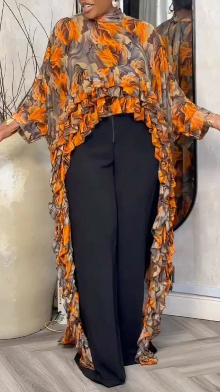 Ruffled Chiffon Printed Cape Top