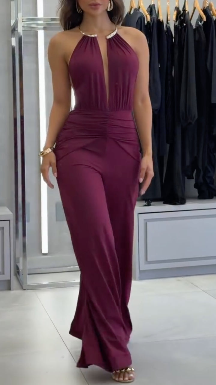 Halter Keyhole Ruched Wide Leg Jumpsuit