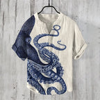 Japanese Art Octopus Graphic Printed Short Sleeve Shirt