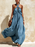 Blue Crisscross Halter Neck Ruffled Tiered Maxi Dress