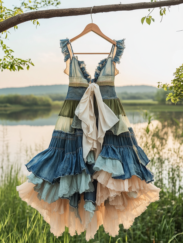 Summer Handmade Lace Denim Patchwork Dress 0d08