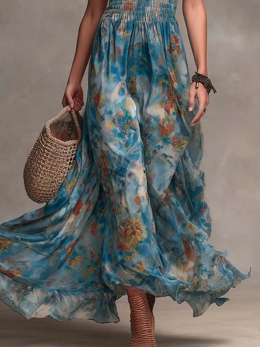 Bohemian Spaghetti Strap Smocked Floral Maxi Dress