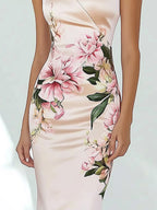 Glamorous Pink Satin Floral Patterned Bodycon Dress