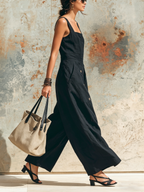 Black Linen-Blend Square Neck Utility Pocket Wide-Leg Jumpsuit