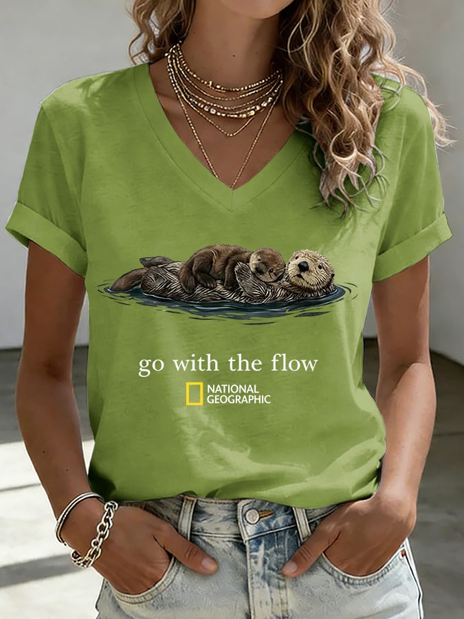 V-Neck Retro Sea Otters Go With The Flow Print T-Shirt