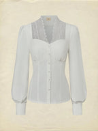 Linen Shirt, Long Sleeves,  Plain, Lace, French Vintage, White