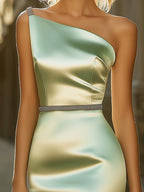 Sage Green Satin Dress With Silver Shoulder And Waist Embellishments