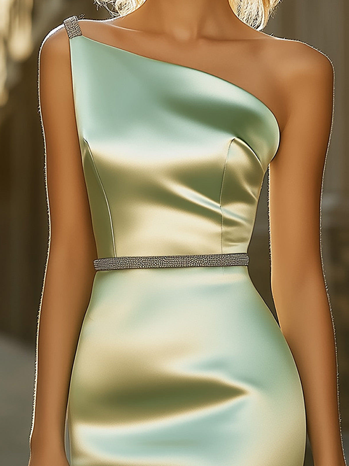 Sage Green Satin Dress With Silver Shoulder And Waist Embellishments